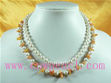 double strands potato pearl necklace with coral beads
